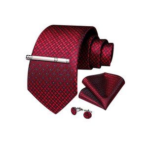 Men's Silk Tie + Pocket Square + Cufflinks + Tie Clip 4 Piece Set
